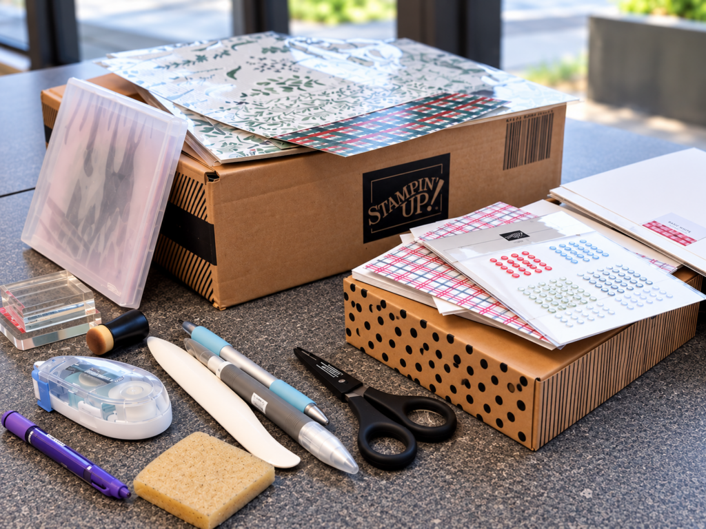 Papercrafting supplies spread across a work table